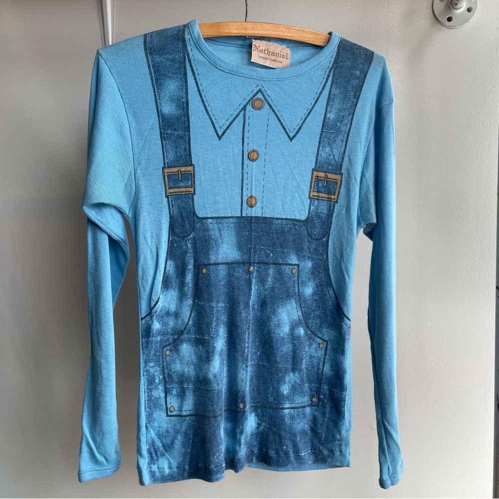 Vintage 1970s Overalls Print Knit Top Sweater Tromp-l’œil